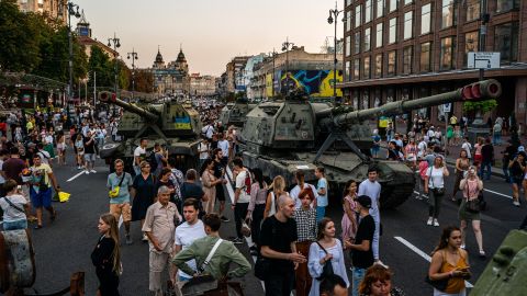People gather in Kyiv to look at destroyed Russian military equipment.