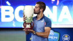 MASON, OHIO - AUGUST 21: Borna Coric of Croatia celebrates after defeating Stefanos Tsitsipas of Greece in their Men's Singles Final match on day nine of the Western & Southern Open at Lindner Family Tennis Center on August 21, 2022 in Mason, Ohio. Coric defeated Tsitsipas with a score of 7-6, 6-2. (Photo by Matthew Stockman/Getty Images)