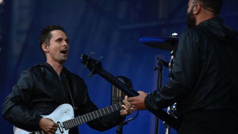 (From left) Matt Bellamy and Chris Wolstenholme of Muse perform during the Eurockéennes music festival in eastern France on July 3.