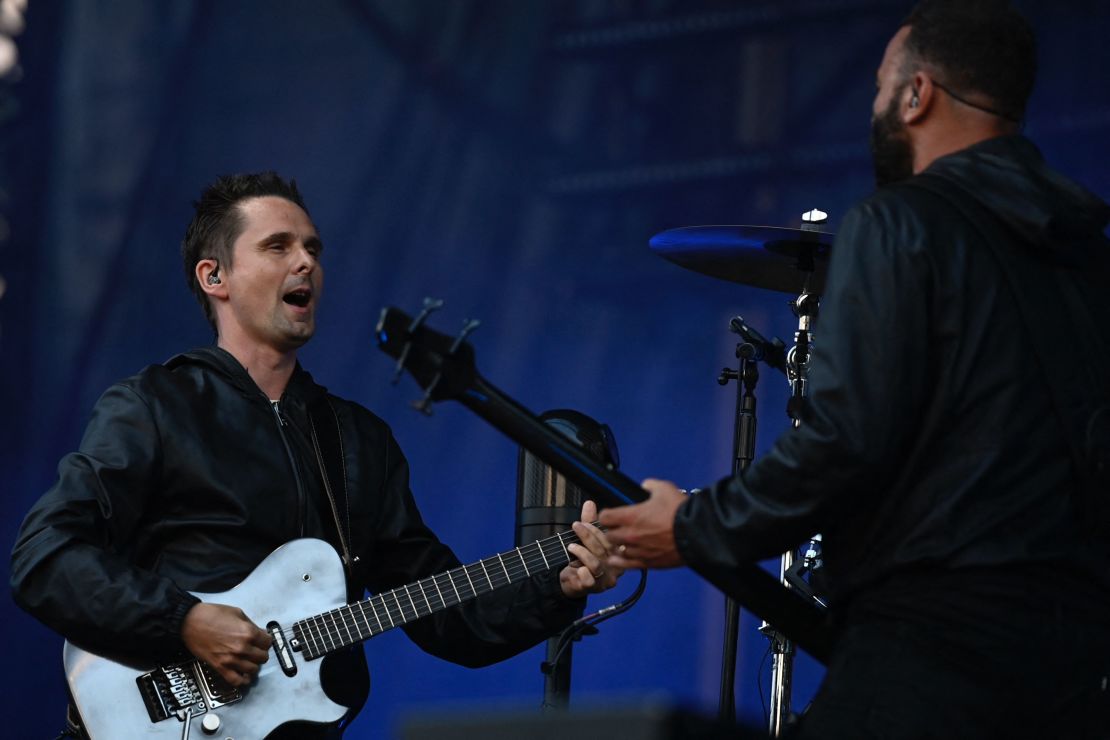 (From left) Matt Bellamy and Chris Wolstenholme of Muse perform during the Eurockéennes music festival in eastern France, on July 3.