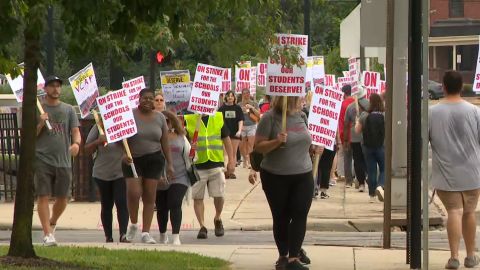 Teachers are seen on strike in Columbus, Ohio, on August 22, 2022.