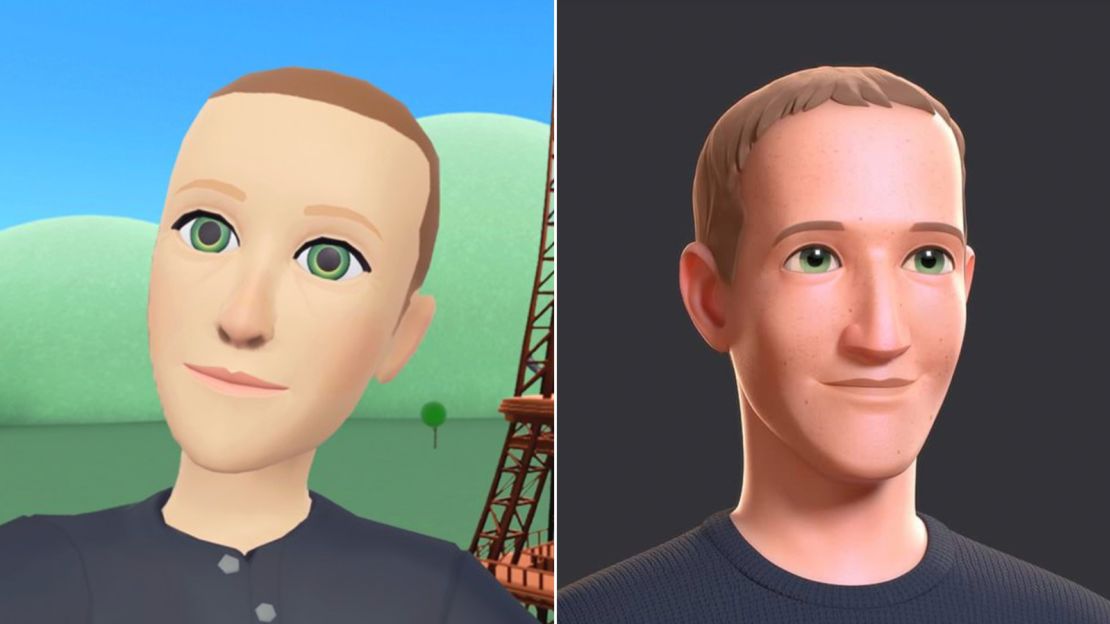 Screenshots of Mark Zuckerberg's avatars in Horizon Worlds. After being teased for the first picture (left), he posted an example of what he says is coming soon (right).