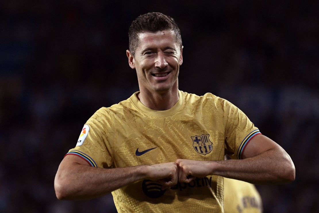 Lewandowski celebrates scoring the opening goal against Real Sociedad.