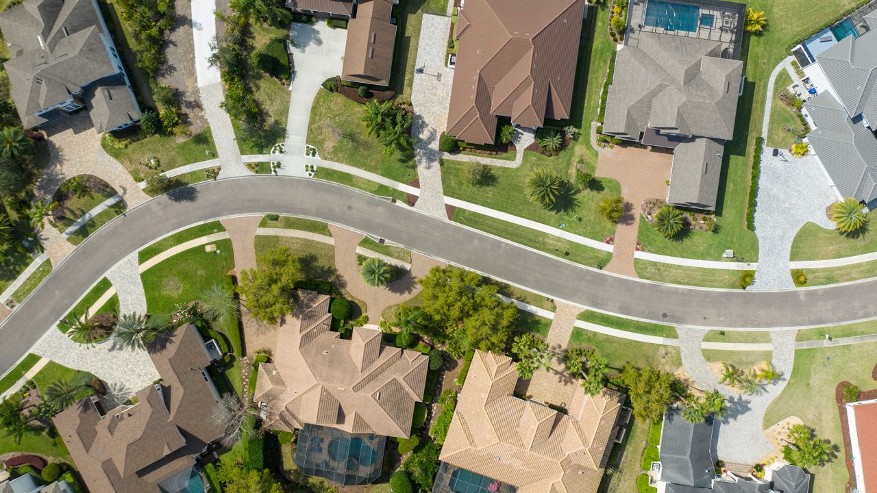 An aerial view of suburban homes.