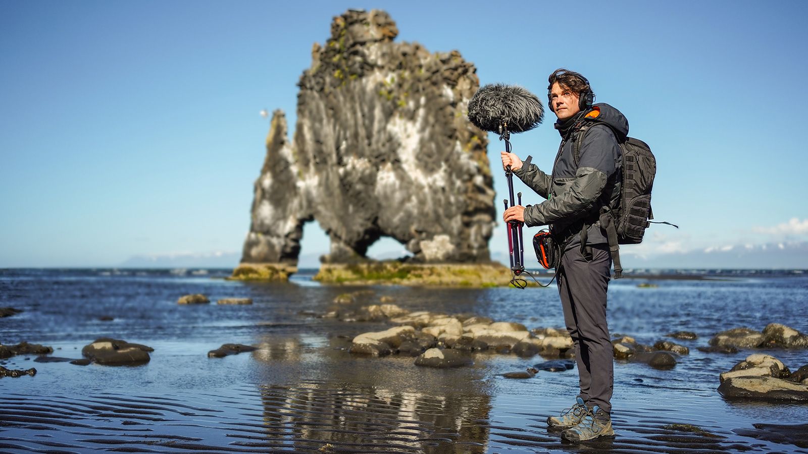 Recording at Iceland's black sand beach.