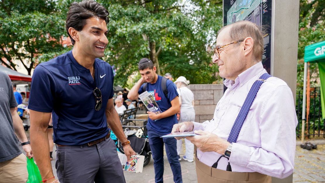 Attorney Suraj Patel, left, greets Rep. Jerry Nadler while both were campaigning on the same corner on the Upper West Side of Manhattan on Sunday.