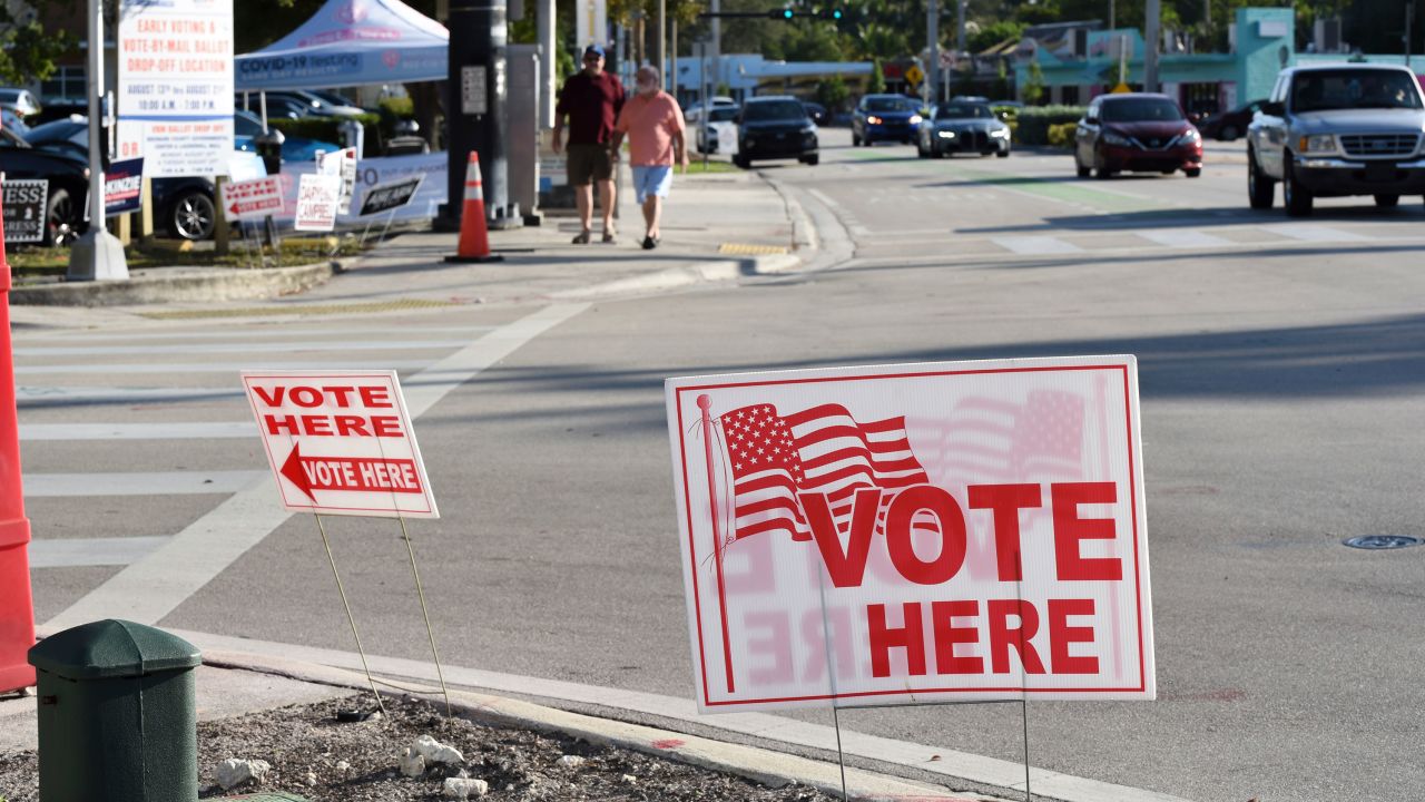 Voting signs are seen displayed, prior to Tuesday, August 23, 2022 Primary Election in Florida.