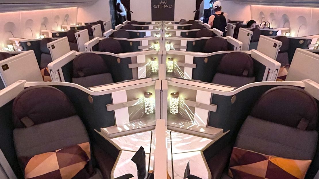 A photo of Etihad's Airbus A350 business class cabin