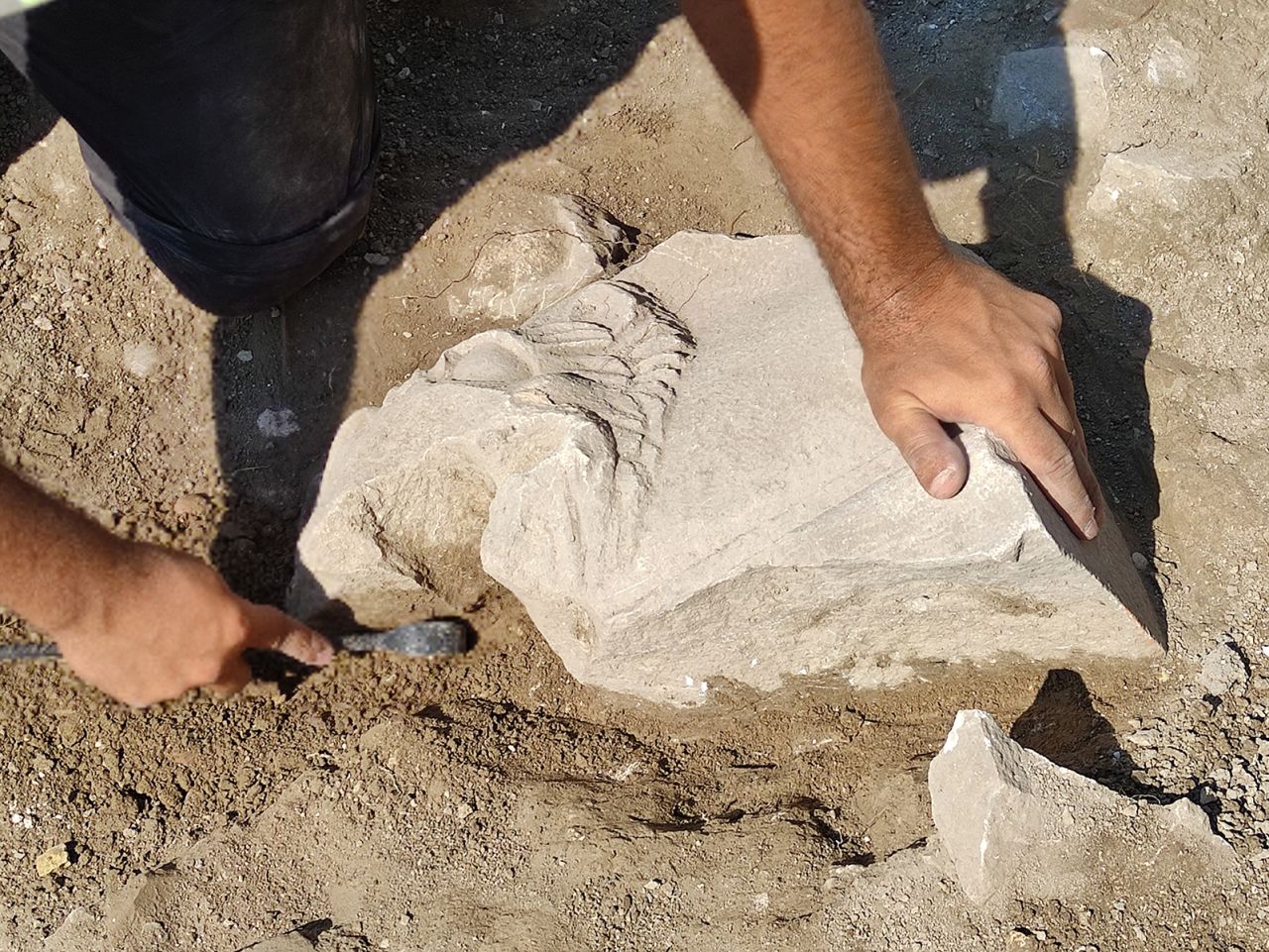 One of the roof dripstones found on site.
