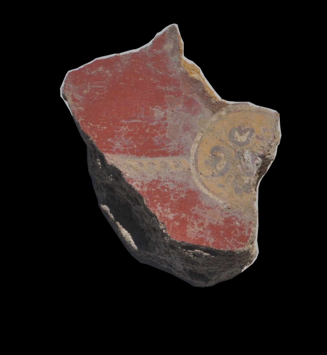 A flowery motif breaks up a block of red.