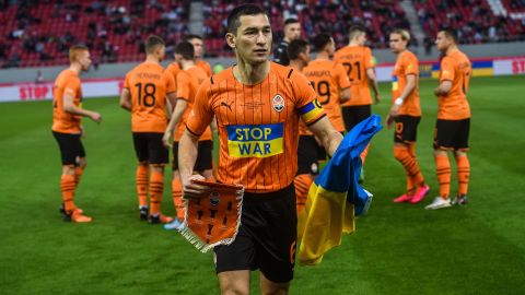 Shakhtar Donetsk's Taras Stepanenko walks on the pitch before a charity match between Shakhtar and Olympiacos at the Karaiskaki Stadium in Athens on April 9.