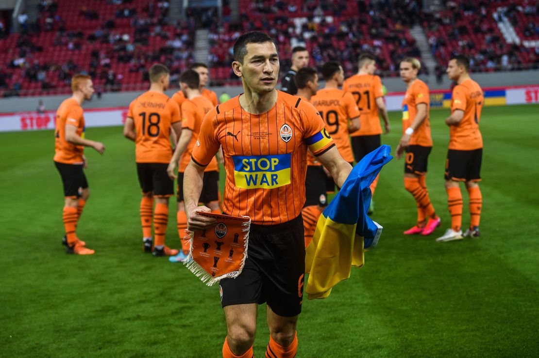 Shakhtar Donetsk's Taras Stepanenko walks on the pitch before a charity match between Shakhtar and Olympiacos at the Karaiskaki Stadium in Athens on April 9.