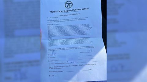 The letter sent by the Mystic Valley Regional Charter School that was sent to the parents of a student who wore a hijab to school. CNN has blurred names on this document to protect identities of those involved. 