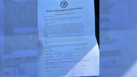 The letter sent by the Mystic Valley Regional Charter School that was sent to the parents of a student who wore a hijab to school. CNN has blurred names on this document to protect identities of those involved.