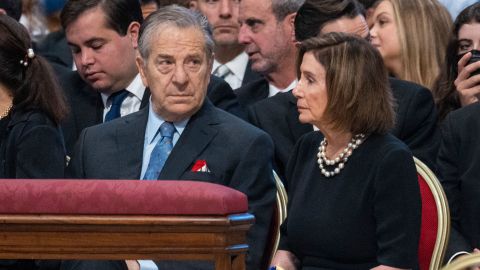 House Speaker Nancy Pelosi is pictured with her husband Paul Pelosi while attending a Holy Mass for the Solemnity of Saints Peter and Paul lead by Pope Francis in St. Peter's Basilica.