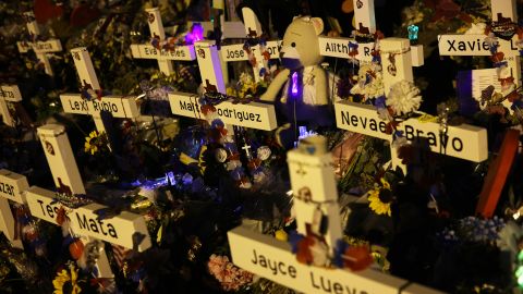 Flowers are seen at a memorial dedicated to the victims of the  Uvalde shooting, June 2, 2022.