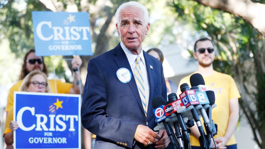 ST PETERSBURG, FL - AUGUST 23: Florida Gubernatorial candidate Rep. Charlie Crist (D-FL) speaks to the media before casting his vote in the primary election at The Gathering Church on August 23, 2022 in St Petersburg, Florida. Crist faces his opposition Florida Agriculture Commissioner Nikki Fried.  (Photo by Octavio Jones/Getty Images)
