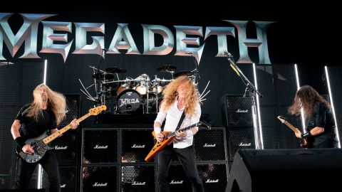 James LoMenzo, Dave Mustaine, and Kiko Loureiro of Megadeth perform on stage during a concert in Austin, Texas on August 20, 2021.