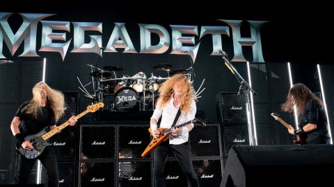 James LoMenzo, Dave Mustaine, and Kiko Loureiro of Megadeth perform on stage during a concert in Austin, Texas on August 20, 2021. 