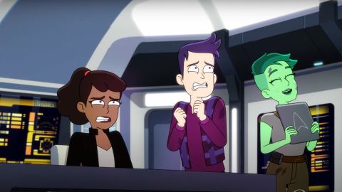 From left, the animated characters Beckett Mariner, Brad Boimler and D'Vana Tendi in a scene from season 3 of