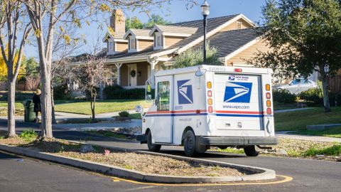 A USPS vehicle in a neighborhood in California, which in 2021 topped the list of states for dog attacks on postal workers. 