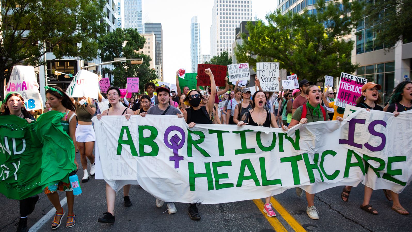 Abortion-rights protesters march down Congress Avenue in downtown Austin, Texas, following the Supreme Court decision to overturn Roe v. Wade on June 24, 2022. 