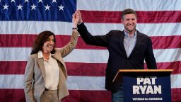 Democratic candidate Pat Ryan, right, and New York Gov. Kathy Hochul appear on stage together during a campaign rally for Ryan, Monday, Aug. 22, 2022, in Kingston, N.Y. Ryan is facing Republican Marc Molinaro in Tuesday's special election for New York's 19th Congressional District. (AP Photo/Mary Altaffer)