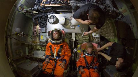 Dummies were in place for drop testing in new seats to simulate the environment of the Orion spacecraft.
