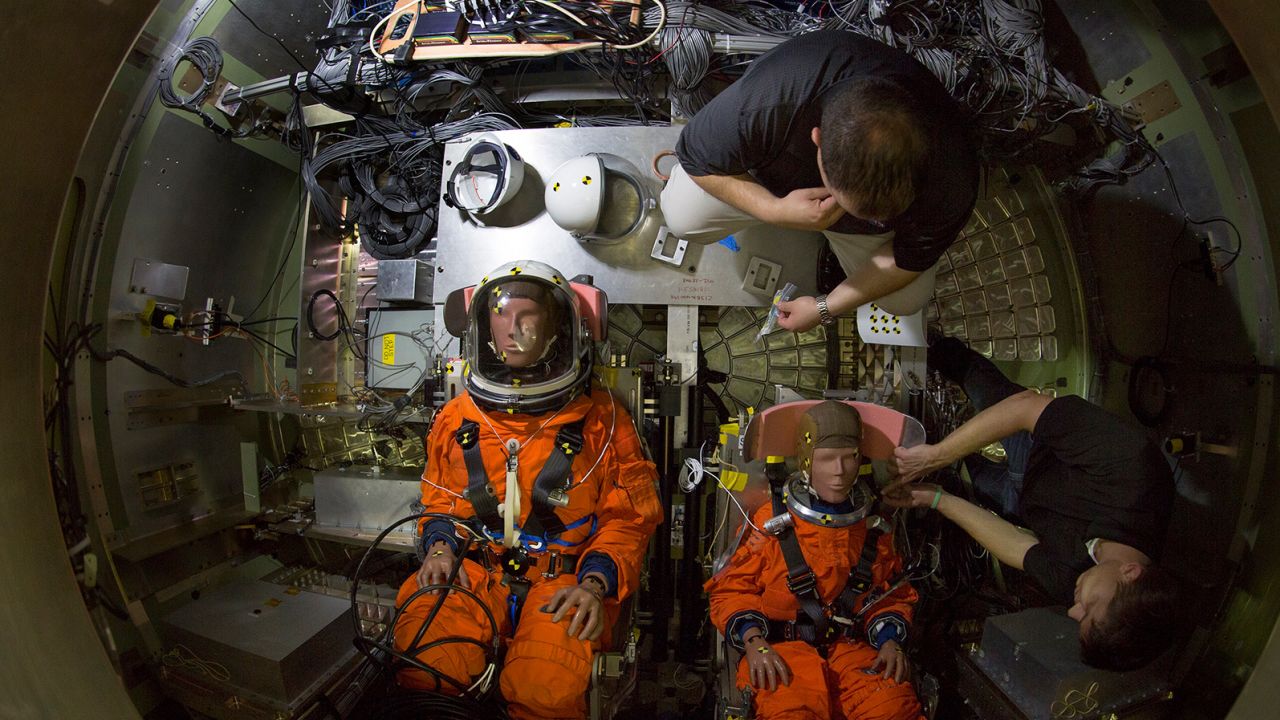 Dummies were in place for drop tests in new seats to simulate the Orion spacecraft's environment.