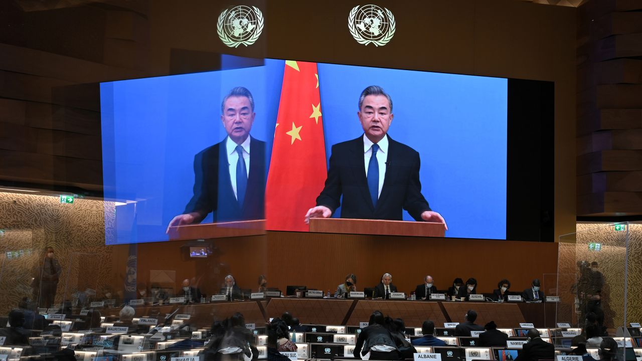 Chinese Foreign Minister Wang Yi delivers a speech via video link at the opening of a session of the UN Human Rights Council in February.