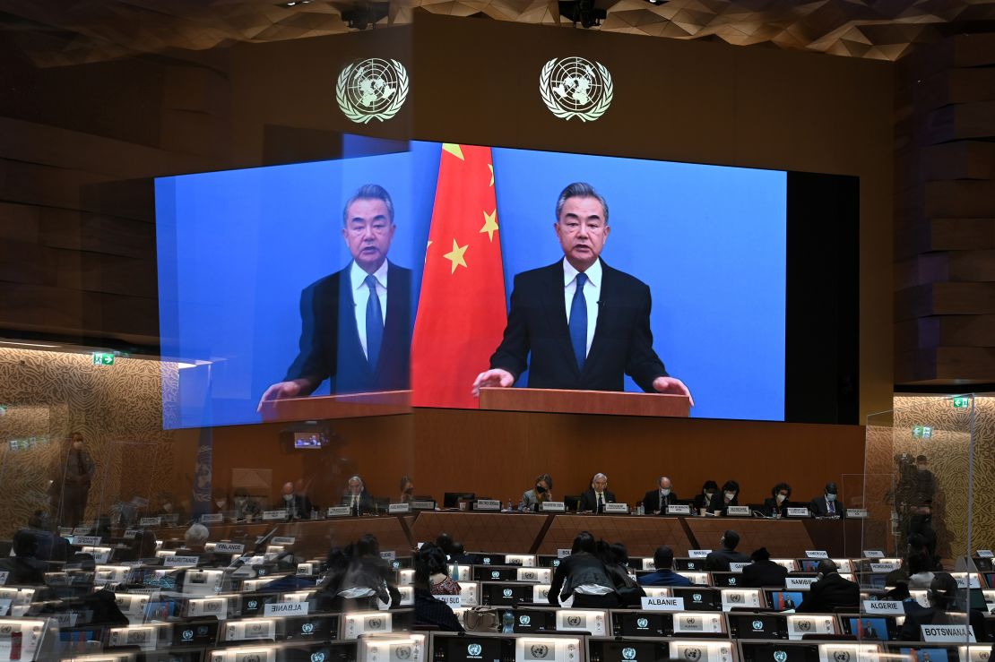 Chinese Foreign Minister Wang Yi delivers a speech via video link at the opening of a session of the UN Human Rights Council in February.