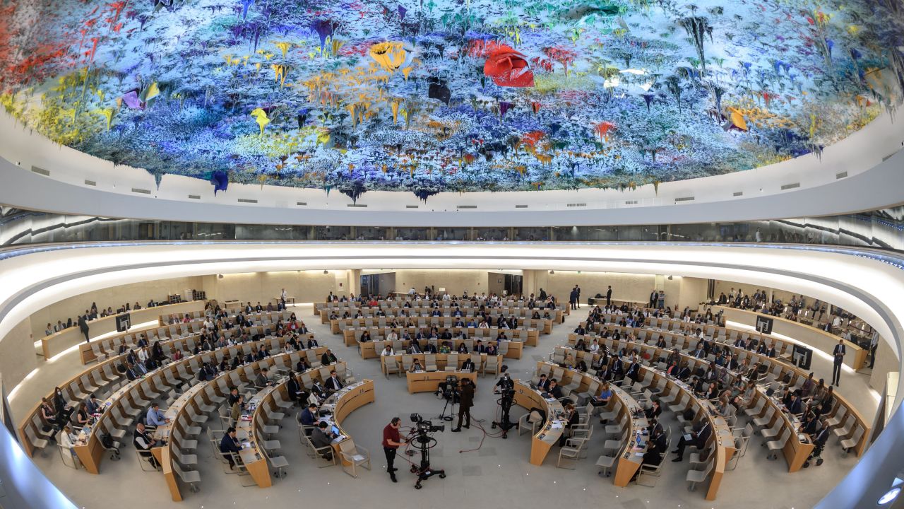 A photo shows a general view on the opening day of the 50th session of the UN Human Rights Council, in Geneva, on June 13, 2022. - UN rights chief Michelle Bachelet announced that she will not seek a second term, ending months of speculation about her intentions and amid growing criticism of her lax stance on rights abuses in China.