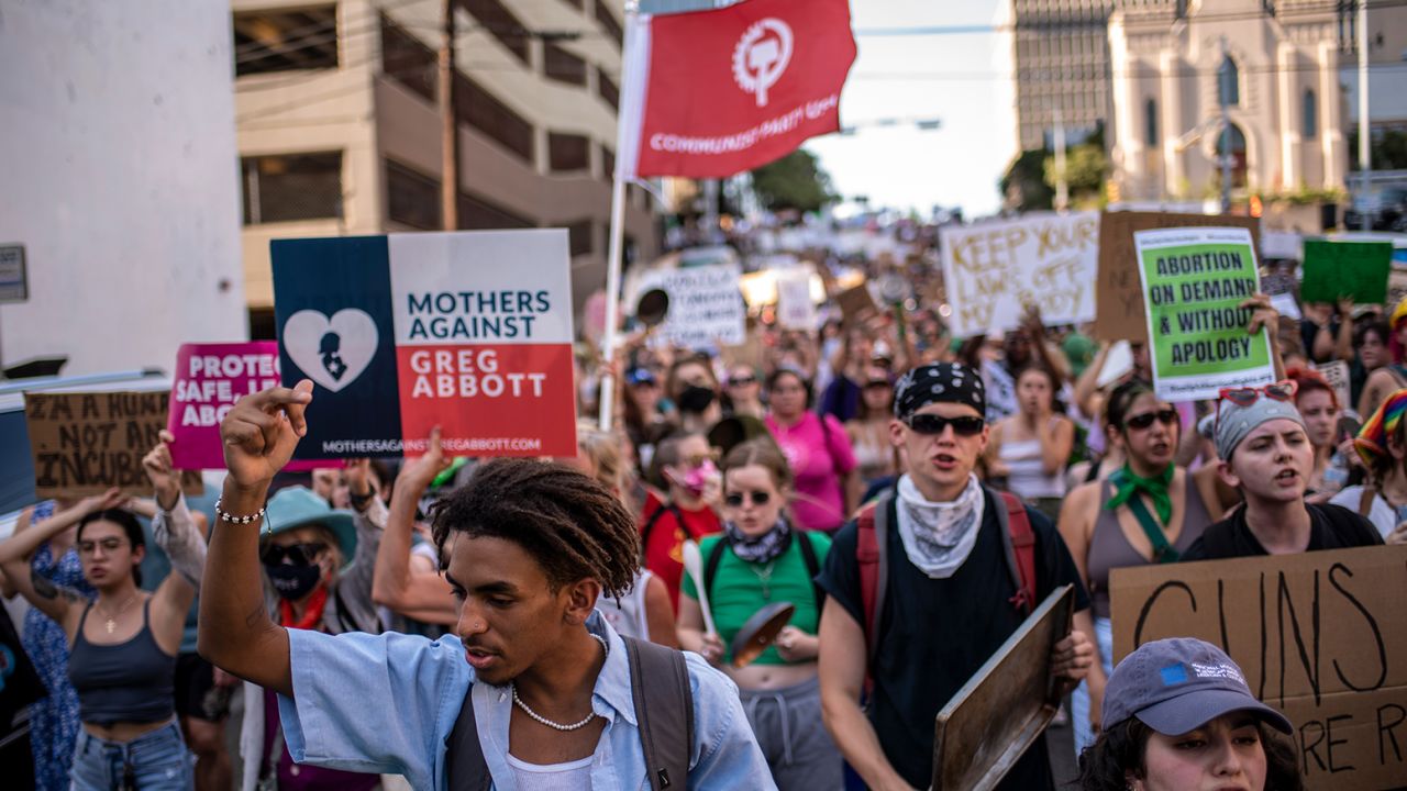 Protesters march in the street during an abortion-rights rally on June 25, 2022 in Austin, Texas. 