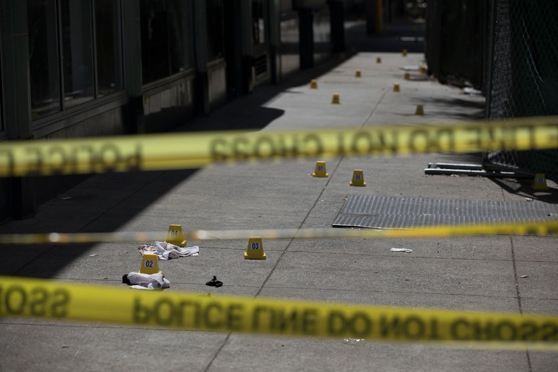 The scene of a mass shooting is blocked off with police tape on April 3, 2022 in Sacramento, California. 