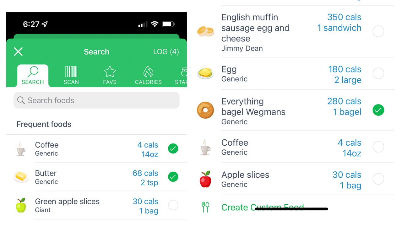 MyNetDiary Premium shows you a list of foods that you commonly log to make recording meals easy.