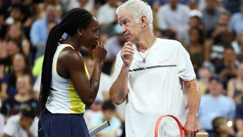 Americans John McEnroe and Coco Gauff teamed up to face Swiatek and Nadal.