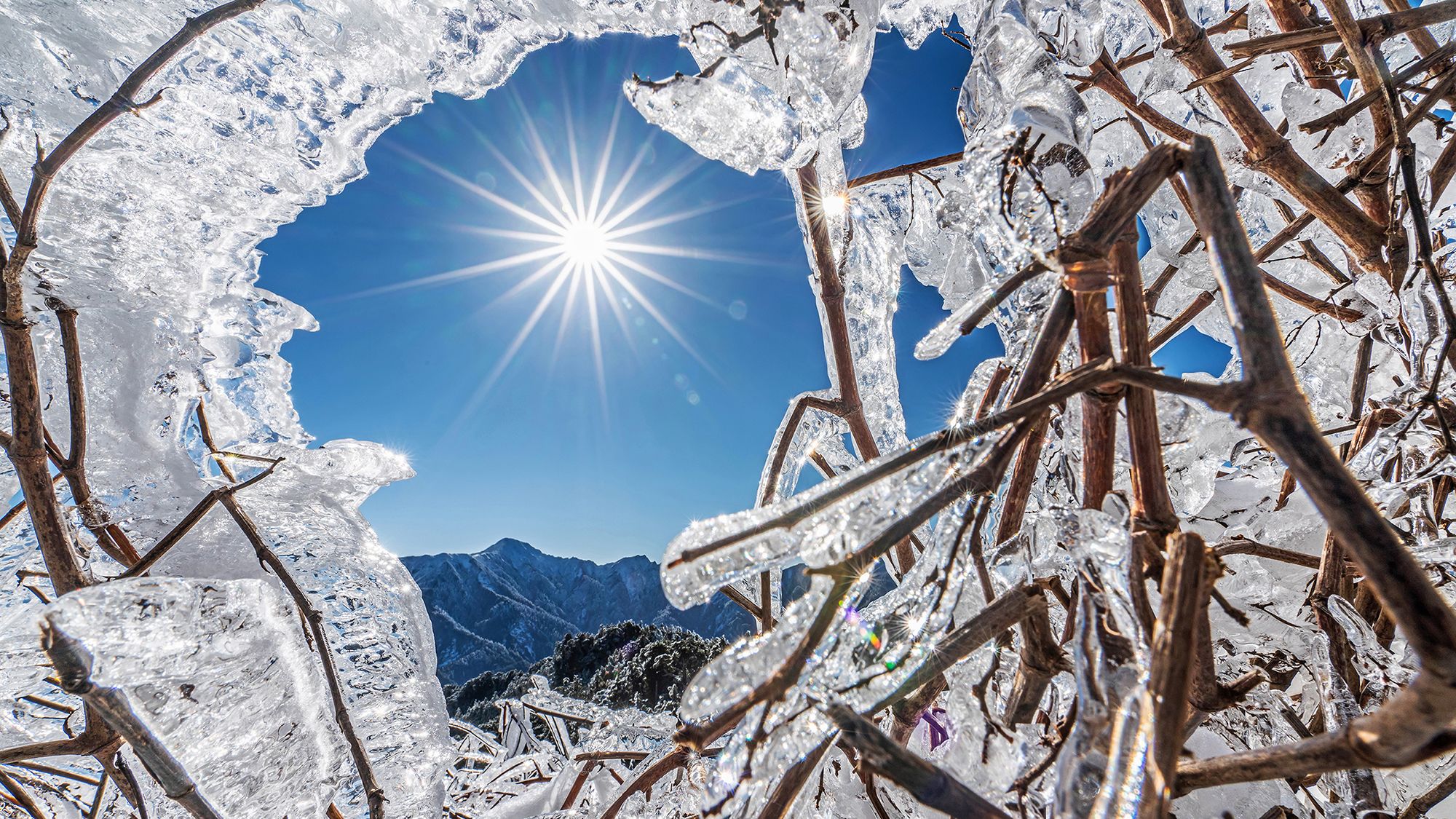 On a beautiful mountain in Taiwan, Rossi Fang captured this photo of the warm sun melting the frozen mountain world of the night before.