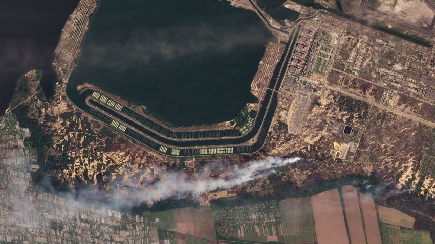 A series of satellite images, from Planet Labs and the European Space Agency, show a fire and smoke near the Zaporizhzhia nuclear power plant in Enerhodar, Ukraine, on August 24.