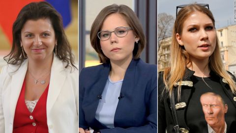 Darya Dugina (center), activist Maria Katasonova (right) and RT editor Margarita Simonyan (left). They are among a number of influential women on the front lines of Russia's disinformation war.
