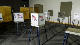 Voting booths are ready at the Ames Public Library on primary Election Day on June 7, 2022 in Ames, Iowa. Iowa is one of seven states holding primaries today. 