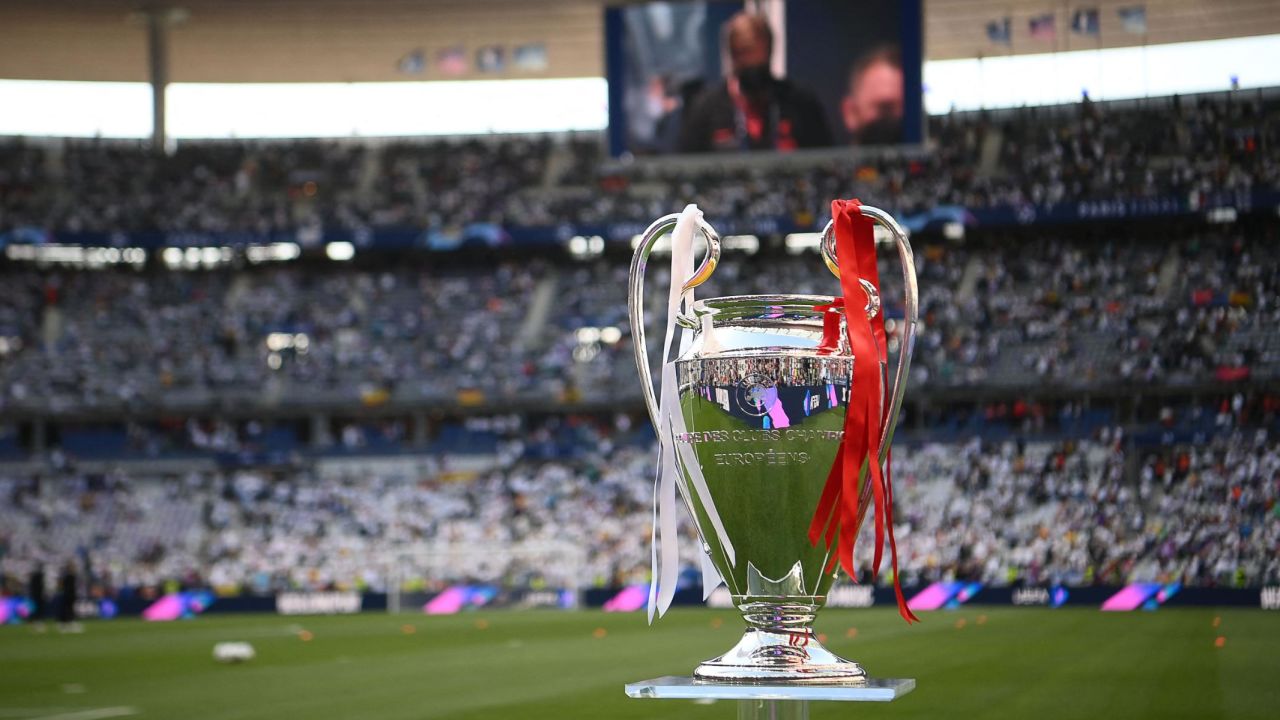 A general view of the Champions League trophy ahead of the final between Liverpool and Real Madrid at the Stade de France on May 28, 2022.