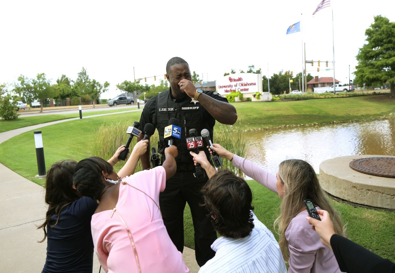 Oklahoma County Sheriff Tommie Johnson III is overcome with emotion while briefing the media on Monday, August 22, on the condition of <a href="https://www.cnn.com/2022/08/23/us/oklahoma-county-deputies-shot/index.html" target="_blank">two officers who were shot</a> while serving a court order at a residence in Oklahoma City. Sgt. Bobby Swartz died from his injuries, and the other deputy was in stable condition after being rushed to the hospital.