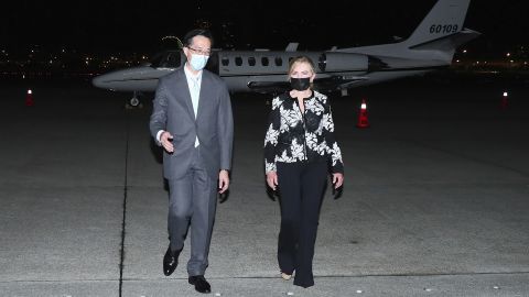 US Sen. Marsha Blackburn, R-Tenn. walks with Douglas Yu-Tien Hsu, director-general of Taiwan's Deptartment of North American Affairs, as she arrives on a plane in Taipei on Thursday.