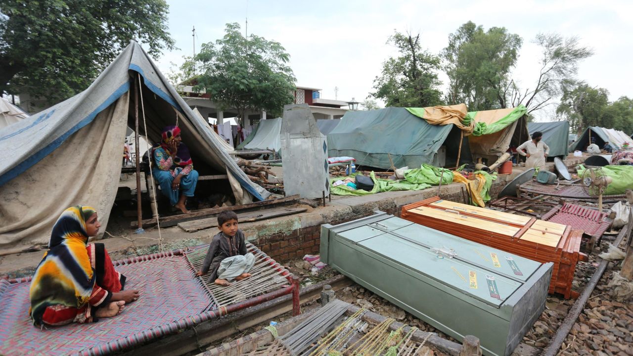 Residents take shelter at a makeshift camp in Rajanpur district, in Pakistan's Punjab province on August 24.