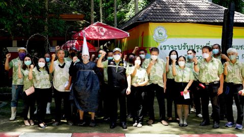 Staff at the Chiang Mai Zoo in Thailand, including a man dressed as an ostrich, pose after conducting a practice drill for escaped animals.