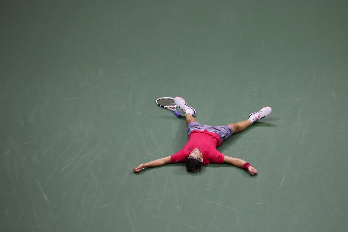 Dominic Thiem celebrates winning the 2020 US Open final against Alexander Zverev.