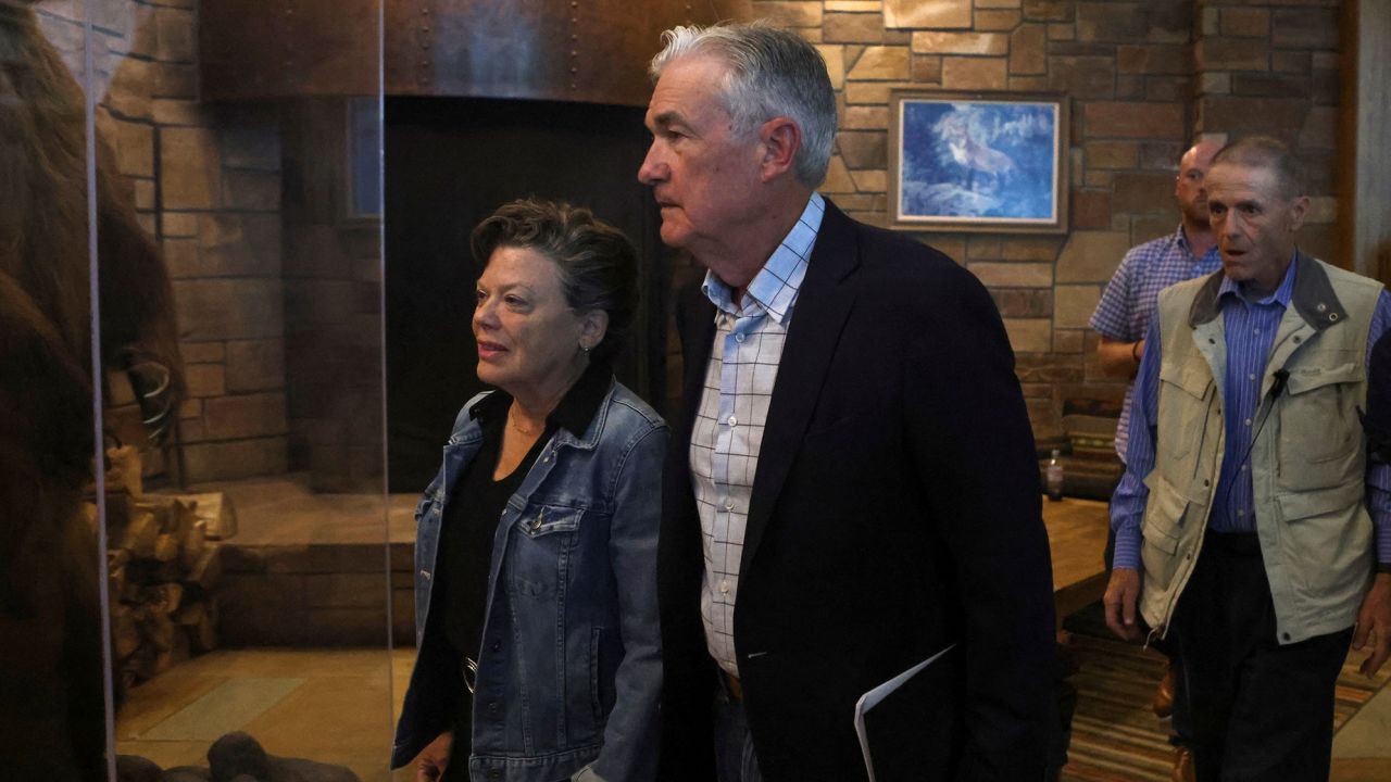 Fed Chair Jerome Powell and his wife Elissa Leonard attend dinner at Grand Teton National Park where financial leaders from around the world are gathering for the Jackson Hole Economic Symposium.