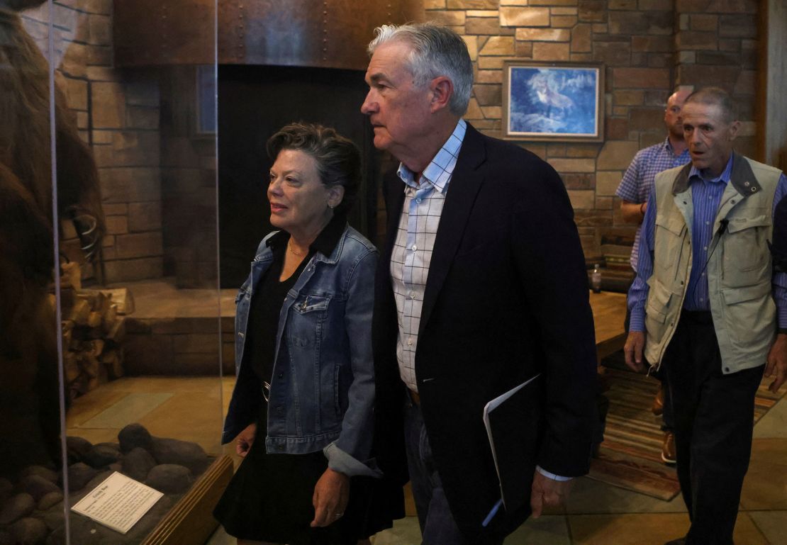 Fed Chair Jerome Powell and his wife Elissa Leonard attend dinner at Grand Teton National Park where financial leaders from around the world are gathering for the Jackson Hole Economic Symposium.