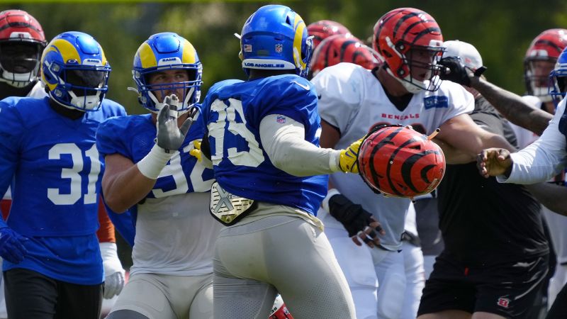 Los Angeles Rams defensive tackle Aaron Donald gestures prior to