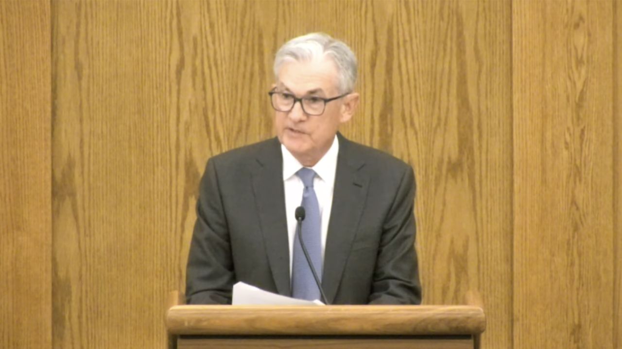 Federal Reserve chairman Jerome Powell delivers his opening remarks at the Jackson Hole Economic Symposium in Jackson Hole, Wyoming.
